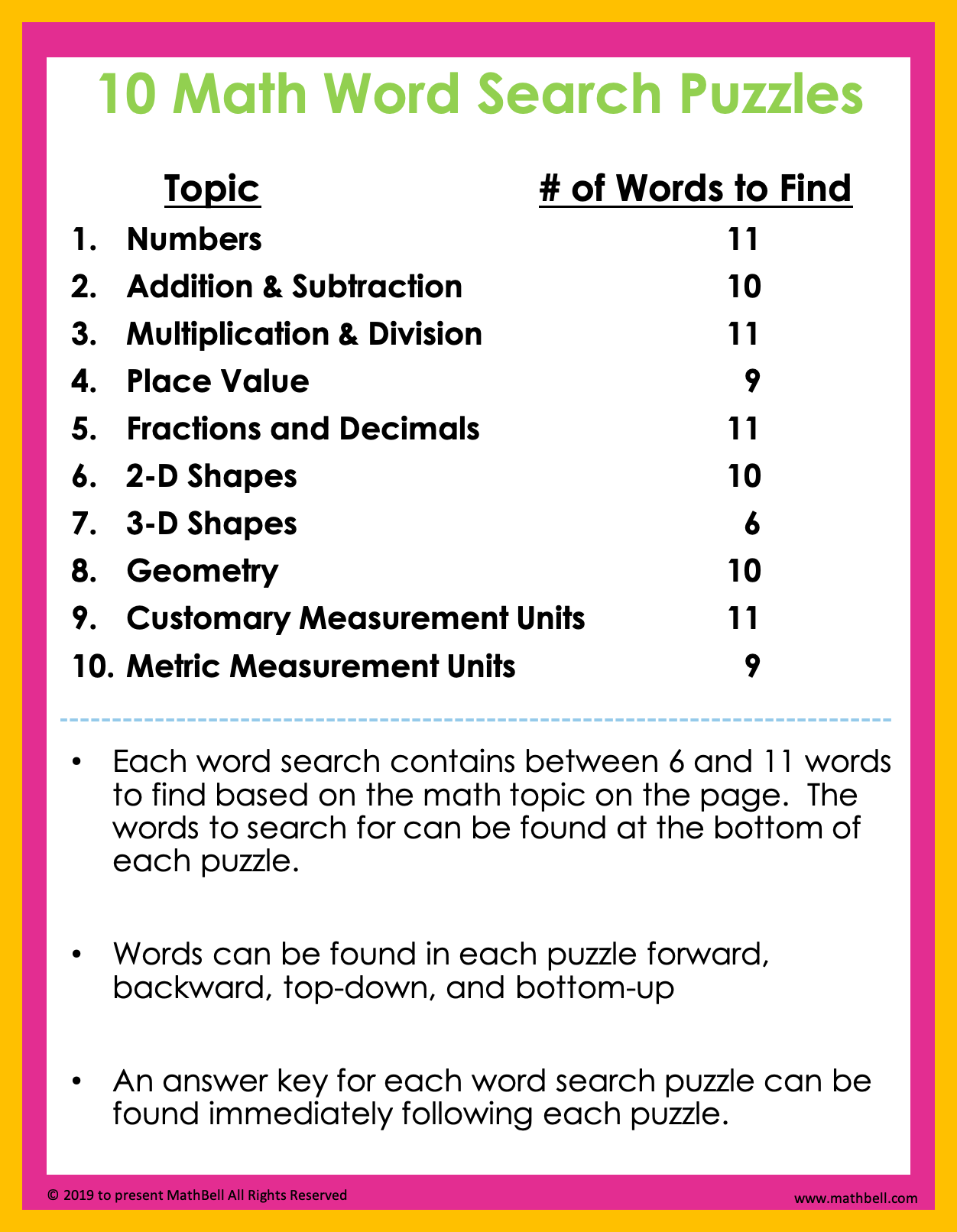 Math Word Search Puzzles