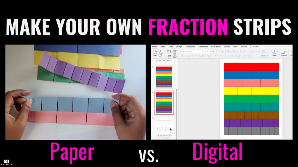 Make your own fraction strips. Paper verses digital. Two images. Left image shows hands holds different color strips of paper that represent fraction strips. Right image shows a powerpoint slide with three slides showing rows of rectangles partitioned into different parts to represent fraction strips.
