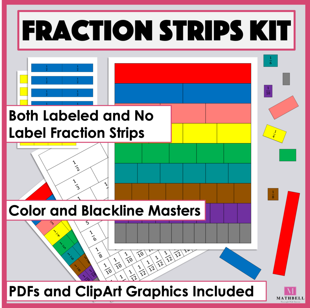 Fraction strips kit. Both labeled and no label fraction strips. Color and blackline masters. Pdfs and clipart graphics included. M. Mathbell. Meaningful math resources. Images of digital fraction pieces with labels and no labels in different colors.