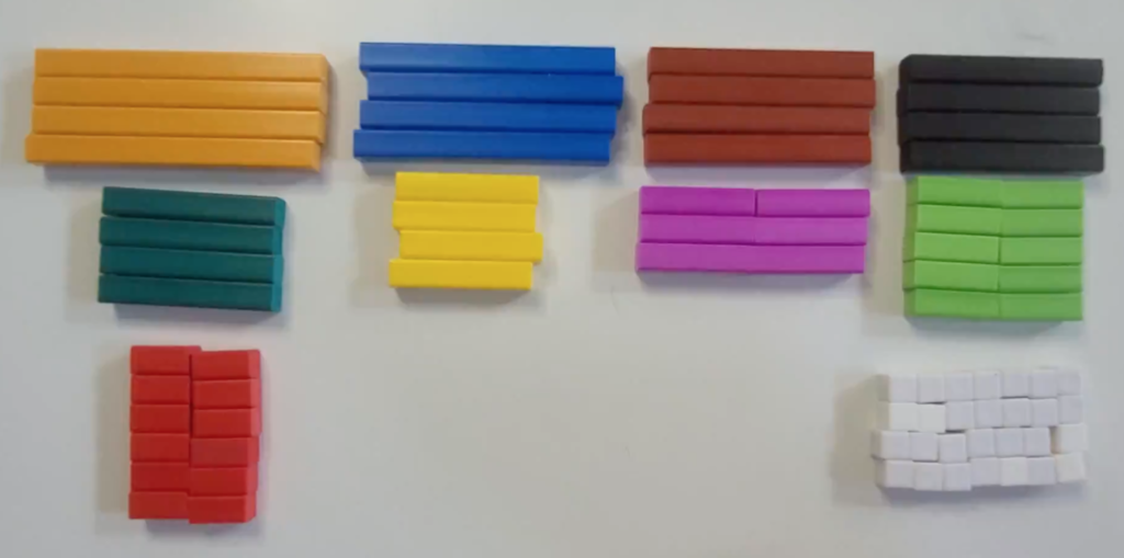 One set of cuisenaire rods. The size of rods range from 1 centimeter long to 10 centimeters longs. There are 4 orange rods representing 10, 4 blue rods representing 9, 4 brown rods representing 8, and 4 black rods representing 7. In the next row, there are 4 dark green rods representing 6, 4 yellow rods representing 5, 6 purple rods representing 4 and 10 light green rods representing 3. In the bottom row, there are 12 red rods representing a size of 2, and 28 white rods grouped into 4 rows of 7. The white rods represent size 1.