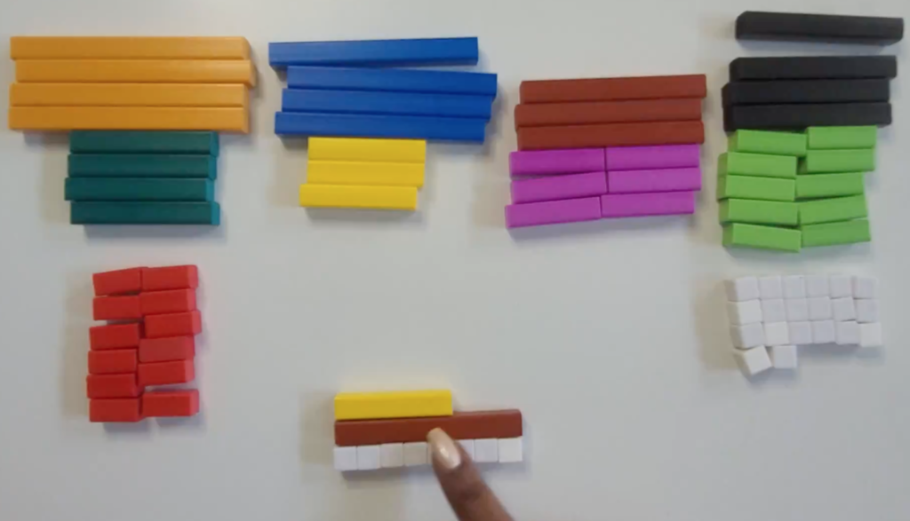 One set of cuisenaire rods. The size of rods range from 1 centimeter long to 10 centimeters longs. There are 4 orange rods representing 10, 4 blue rods representing 9, 4 brown rods representing 8, and 4 black rods representing 7. In the next row, there are 4 dark green rods representing 6, 4 yellow rods representing 5, 6 purple rods representing 4 and 10 light green rods representing 3. In the bottom row, there are 12 red rods representing a size of 2, and 28 white rods grouped into 4 rows of 7. The white rods represent size 1. In the center, 10 white rods in a row, 1 orange rod lined up to the white rods on top. 2 yellow rods stacked horizontally on top of the orange rod. 3 red rods stacked horizontally on top of the yellow rods. The reds are not lined up with both ends of the other rods.